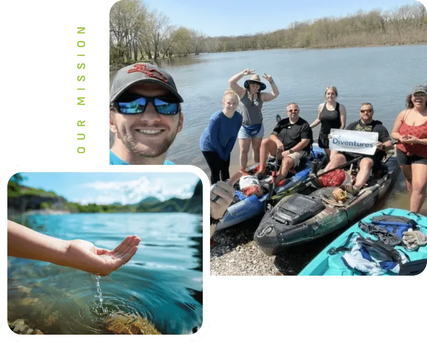 A group of six people pose with kayaks by a river, smiling and holding a “Diventures” sign. An inset shows a hand reaching out over blue water. Text on the side reads, “Our Mission.”.