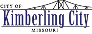 Logo for the City of Kimberling City, Missouri, featuring the citys name in large blue letters with an outline drawing of a bridge above the text.