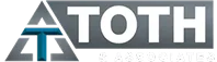 Logo with a stylized T inside a triangle to the left, and the word TOTH in large white letters on a gray rectangle background to the right. The smaller text below is difficult to read.