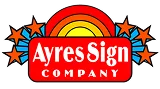 Logo for Ayres Sign Company featuring a red rectangle with white text, five orange stars on each side with blue rays, and a yellow and orange sunrise graphic above the company name.
