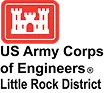 Logo of the US Army Corps of Engineers Little Rock District, featuring a white castle on a red background above the organizations name in black text.