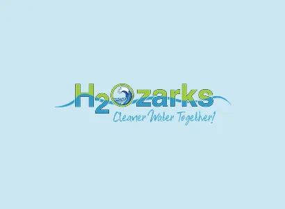 Logo for H2Ozarks with a wave inside the letter O and the slogan Cleaner Water Together! below. The text is blue and green on a light blue background.