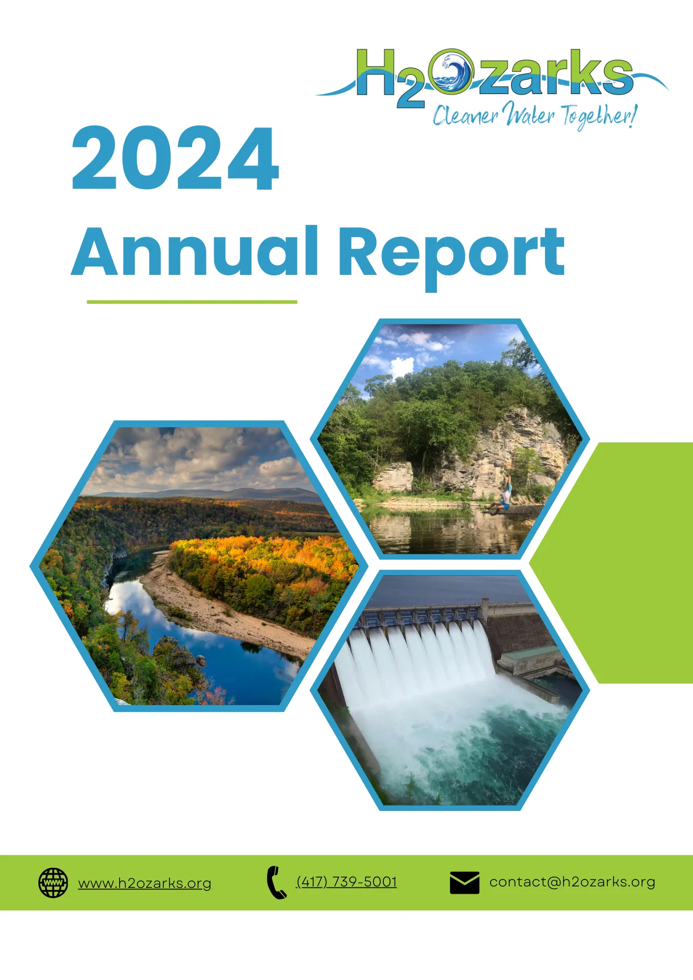 2024 Annual Report cover for H2Ozarks, featuring three hexagonal photos of rivers, a waterfall, and a dam, along with contact information and the slogan “Cleaner Water Together!”.