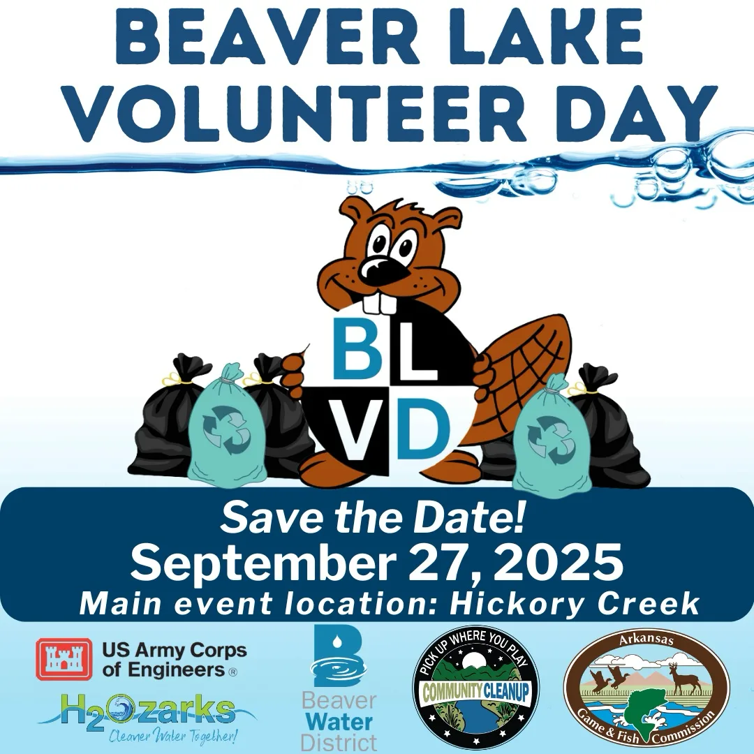 Cartoon beaver holding trash bags and paddle with BLVD on chest. Text: Beaver Lake Volunteer Day, Save the Date! September 27, 2025, main event location: Hickory Creek. Logos of supporting organizations at bottom.