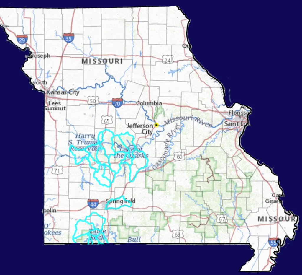 Map of Missouri highlighting rivers and major cities, including Kansas City, St. Louis, Springfield, and Jefferson City. Highways and county boundaries are marked over a dark blue background.