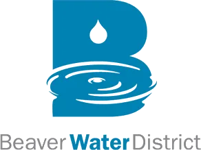 Blue letter B with a water droplet inside, above stylized ripples, representing water. Text below reads Beaver Water District, with Water highlighted in blue.