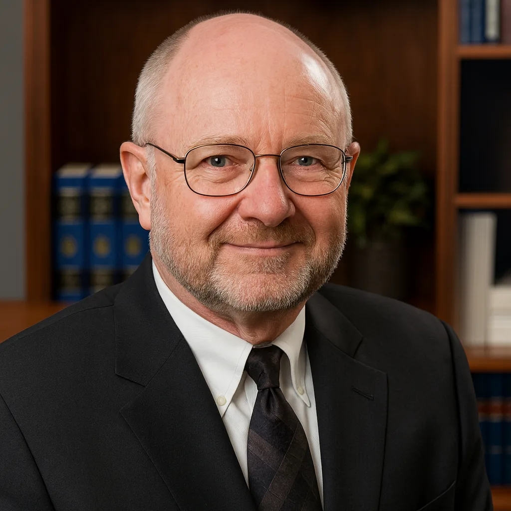 A middle-aged man with glasses, a beard, and balding head, wearing a dark suit and tie, sits in an office with bookshelves in the background.
