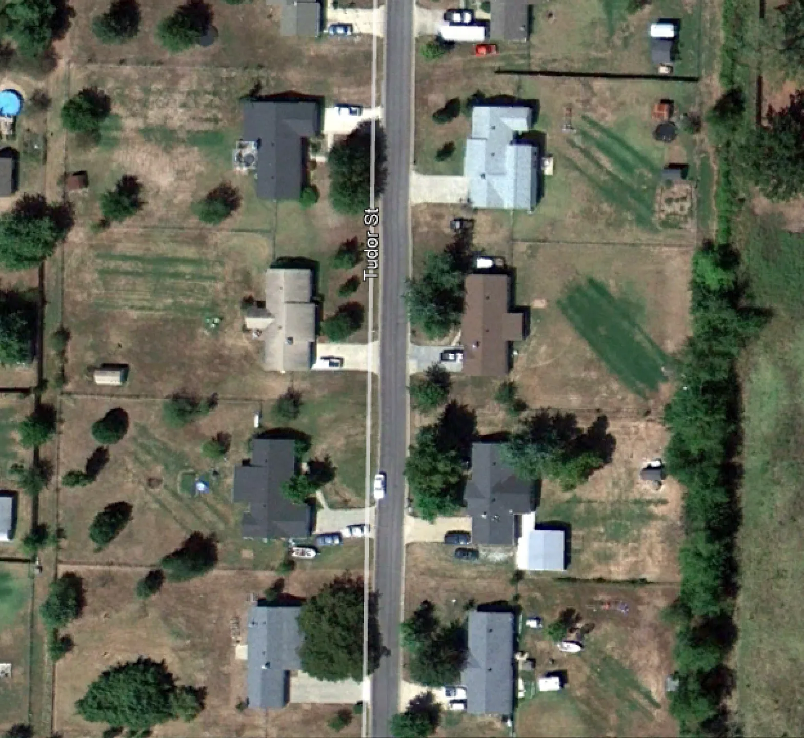 Aerial view of a residential neighborhood with houses, driveways, yards, and trees on both sides of a street labeled Bridge St. Cars are parked in driveways and on the street; the area appears suburban and spacious.