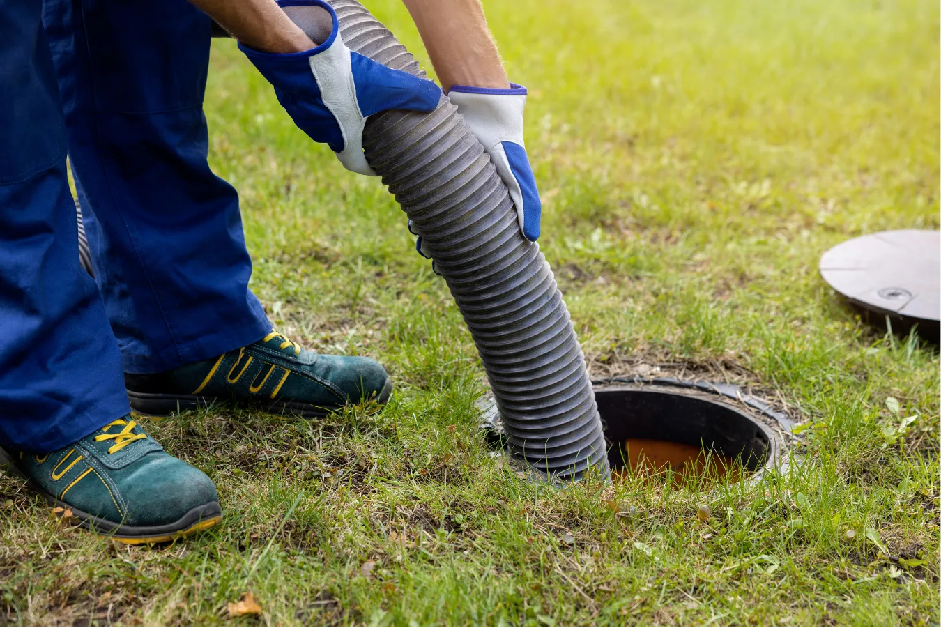 A person wearing gloves and blue work clothes holds a large hose, inserting it into an outdoor septic tank opening in the grass. A round septic tank cover lies nearby.