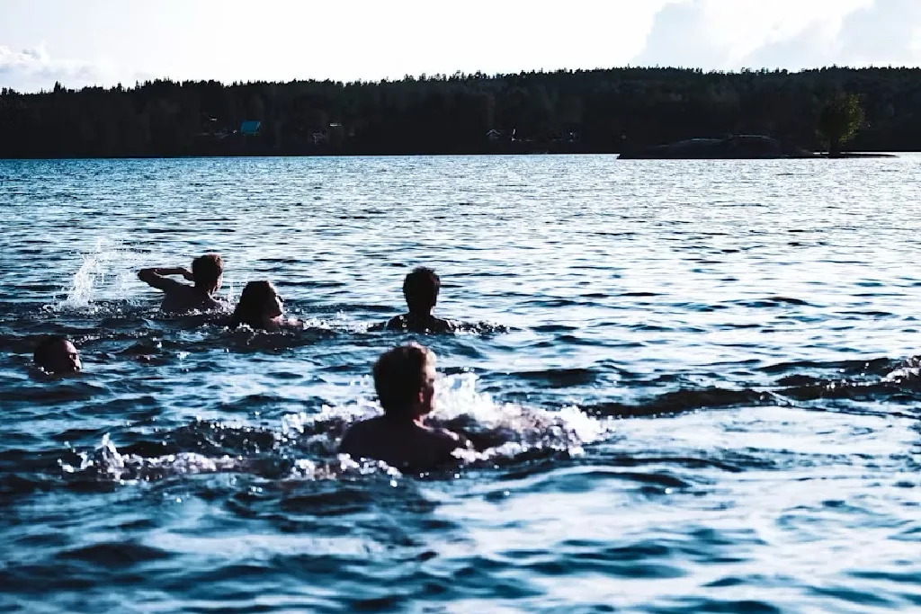 Five people swim in a lake toward the distant shore beneath a cloudy sky, creating splashes in the water. Tree-lined hills are visible in the background. The scene feels active and summery.