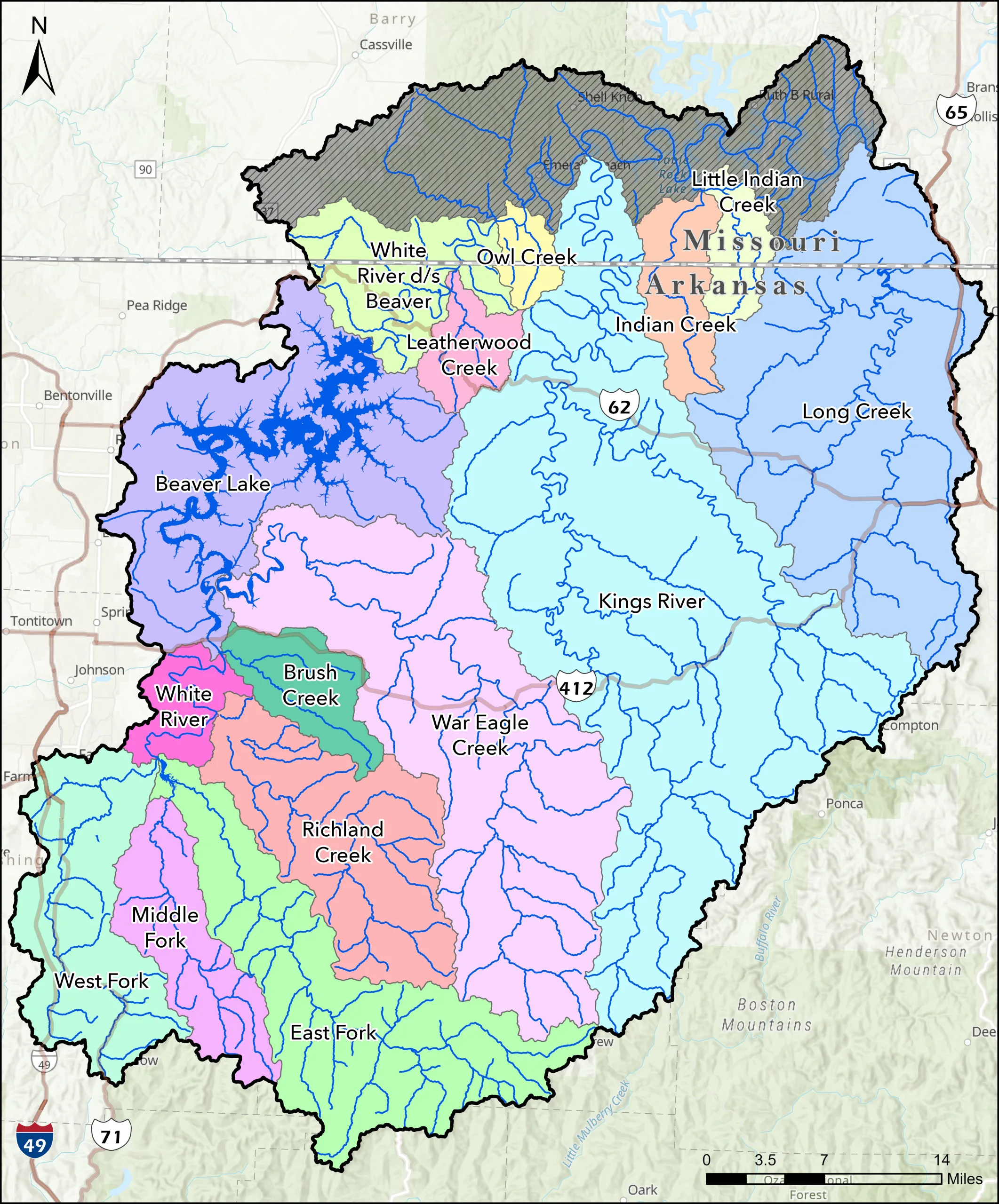 Color-coded map of river and creek watersheds in northwestern Arkansas and southwestern Missouri, labeled with names like Kings River, Leatherwood Creek, War Eagle Creek, and Beaver Lake, with boundaries and main roads marked.