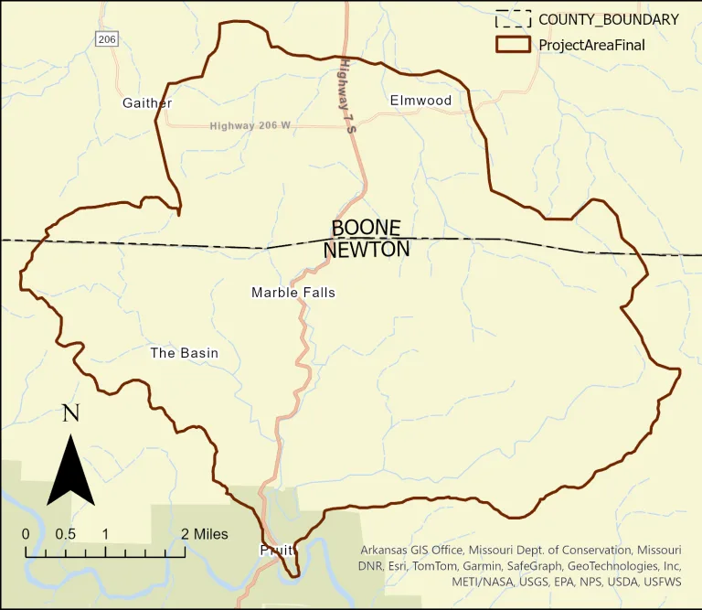 Map showing the Boone-Newton county boundary area in Arkansas, with major roads, towns (Gaither, Elmwood, Marble Falls, The Basin, Pruitt), a marked project area, and a north arrow for orientation.