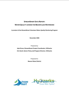 Cover page of the StreamSmart Data Report: Water Quality Across the Beaver Lake Watershed, dated December 2025, with StreamSmart and H2Ozarks logos and information about authors and the Beaver Water District.
