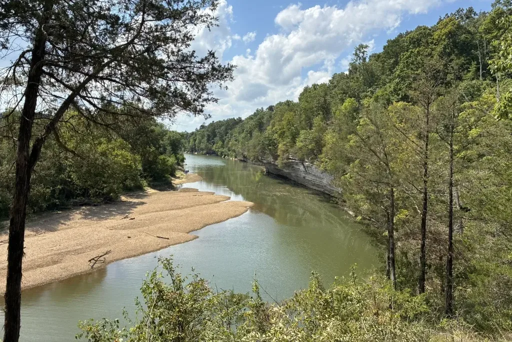 A calm river winds through a forested landscape with sandy banks and tall trees under a partly cloudy sky on a sunny day.