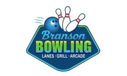 Logo for Branson Bowling featuring a blue bowling ball hitting two pins, with the text Branson Bowling Lanes · Grill · Arcade below in blue and green.