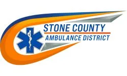 Stone County Ambulance District logo with a blue Star of Life and orange swoosh.