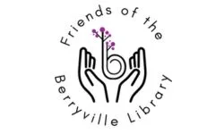 A logo for the Friends of the Berryville Library, featuring a stylized hand with a flower sprouting from its palm.