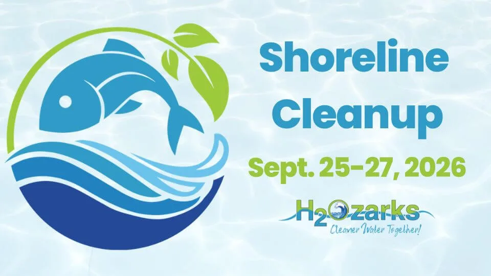 A graphic promoting a shoreline cleanup event, featuring a fish and leaves.