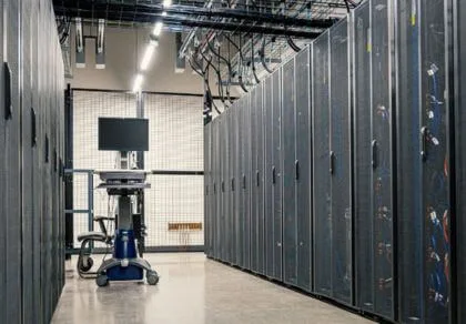High-tech server room with rows of servers and data storage equipment