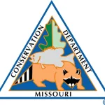 The logo of the Conservation Department Missouri features a stylized raccoon and fish design.