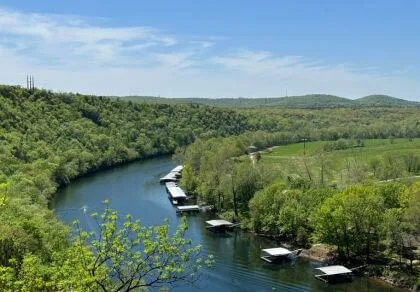 A winding river flows through a lush green landscape, surrounded by trees and hills.