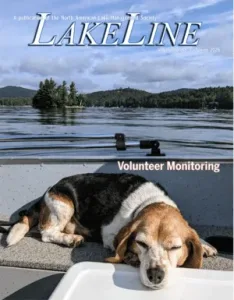 A dog is sleeping on the front of a boat on a lake.