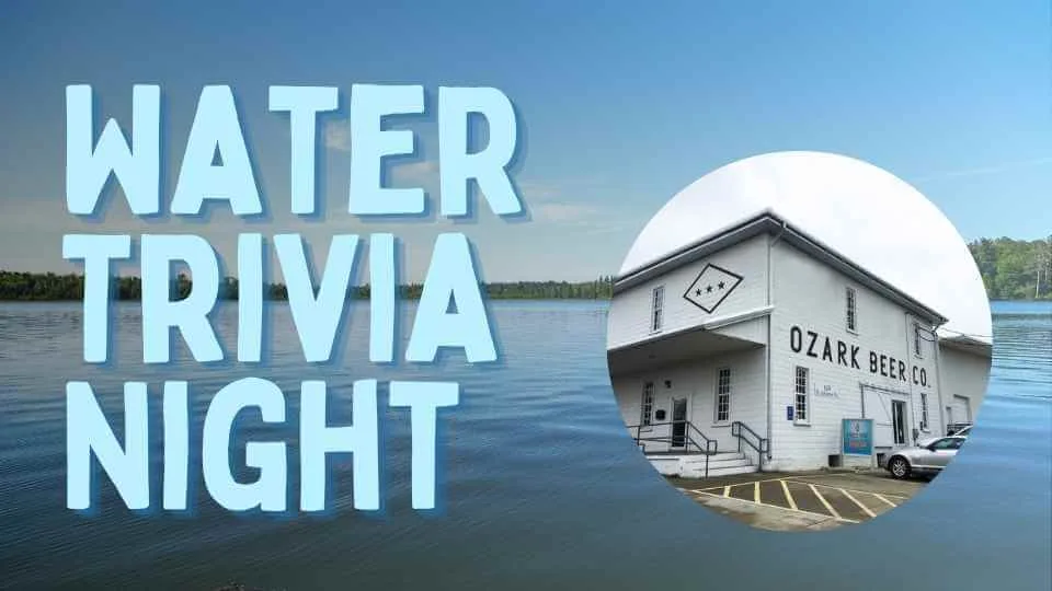 Text reads Water Trivia Night over a lake background. A circular inset photo shows the exterior of a white building labeled Ozark Beer Co. with a ramp and parking spaces in front.