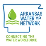 Outline of Arkansas with a green water droplet and wavy lines. Text: Arkansas Water YP Network and below, Connecting the Water Workforce. Blue and green colors are used.